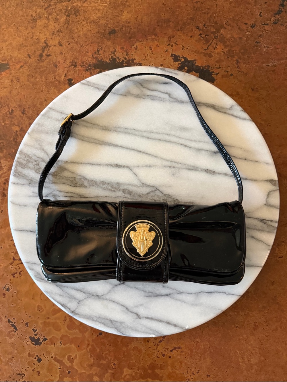 Vintage Gucci Black Patent Leather Clutch with Gold Crest
